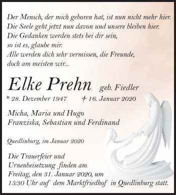Traueranzeige von Elke Prehn von Super Sonntag Quedlinburg