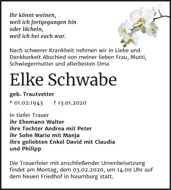 Traueranzeige von Elke Schwabe von Wochenspiegel Naumburg/Nebra