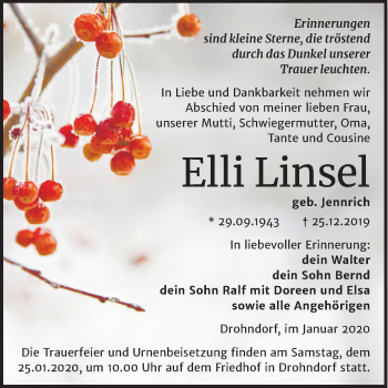 Traueranzeige von Elli Linsel von Mitteldeutsche Zeitung Aschersleben
