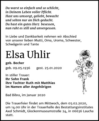 Traueranzeige von Elsa Uhlir von Mitteldeutsche Zeitung Merseburg/Querfurt / Naumburg/Nebra