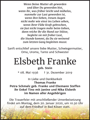 Traueranzeige von Elsbeth Franke von Mitteldeutsche Zeitung Naumburg/Nebra