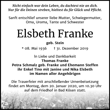 Traueranzeige von Elsbeth Franke von Wochenspiegel Naumburg/Nebra