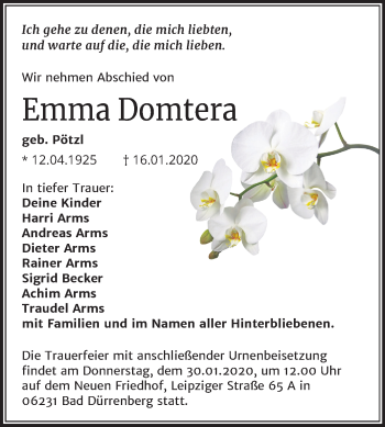 Traueranzeige von Emma Domtera von Mitteldeutsche Zeitung Merseburg/Querfurt