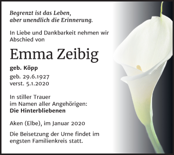 Traueranzeige von Emma Zeibig von Mitteldeutsche Zeitung Köthen