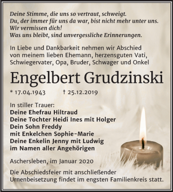Traueranzeige von Engelbert Grudzinski von Mitteldeutsche Zeitung Aschersleben