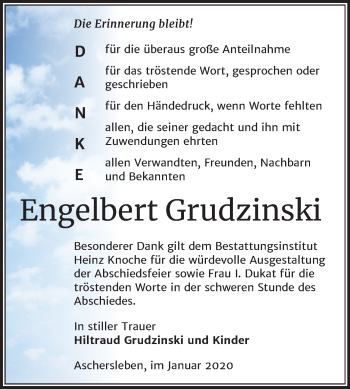 Traueranzeige von Engelbert Grudzinski von Super Sonntag Aschersleben