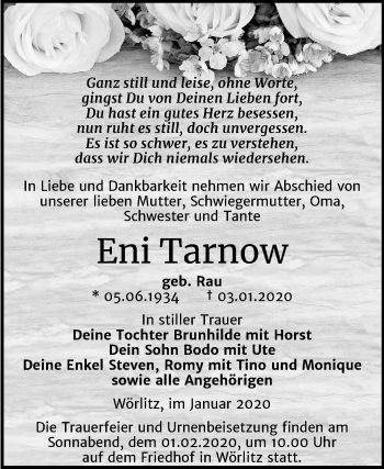 Traueranzeige von Eni Tarnow von Mitteldeutsche Zeitung Wittenberg