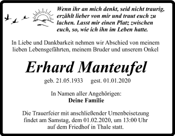 Traueranzeige von Erhard Manteufel von Mitteldeutsche Zeitung Quedlinburg