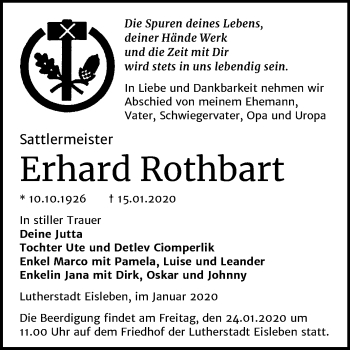 Traueranzeige von Erhard Rothbart von Mitteldeutsche Zeitung Mansfelder Land