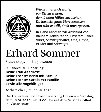 Traueranzeige von Erhard Sommer von Super Sonntag Aschersleben