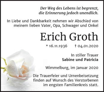 Traueranzeige von Erich Groth von Mitteldeutsche Zeitung Mansfelder Land