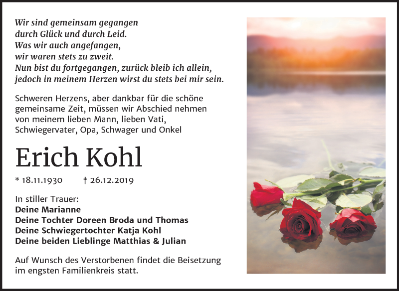  Traueranzeige für Erich Kohl vom 08.01.2020 aus Wochenspiegel Mansfelder Land