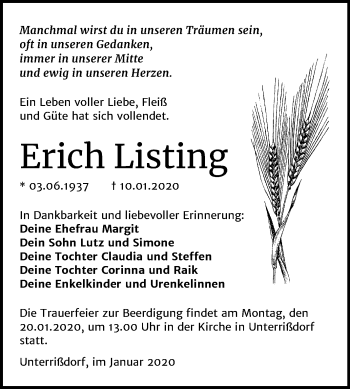 Traueranzeige von Erich Listing von Mitteldeutsche Zeitung Mansfelder Land