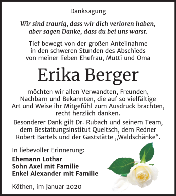 Traueranzeige von Erika Berger von Super Sonntag Köthen