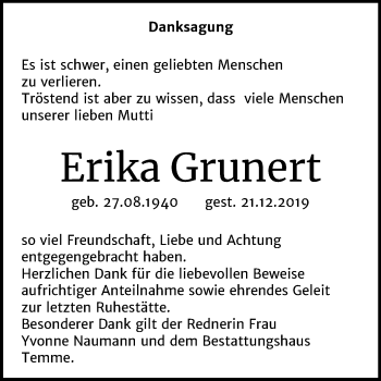 Traueranzeige von Erika Grunert von Wochenspiegel Bitterfeld