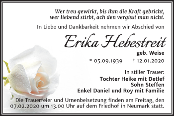 Traueranzeige von Erika Hebestreit von Mitteldeutsche Zeitung Merseburg/Querfurt