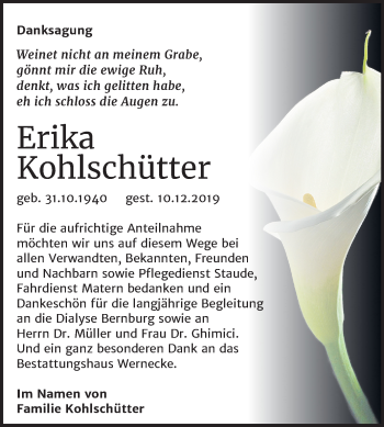 Traueranzeige von Erika Kohlschütter von Wochenspiegel Bernburg