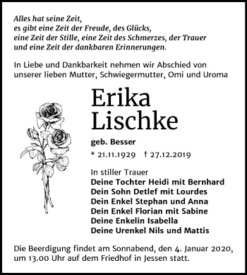 Traueranzeige von Erika Lischke von Mitteldeutsche Zeitung Wittenberg