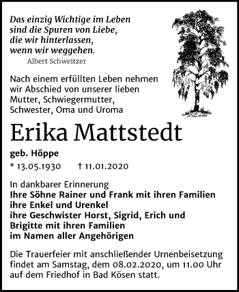 Traueranzeige von Erika Mattstedt von Mitteldeutsche Zeitung Naumburg/Nebra