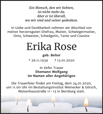 Traueranzeige von Erika Rose von Super Sonntag Bernburg