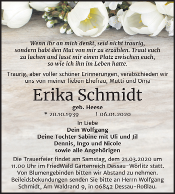 Traueranzeige von Erika Schmidt von Super Sonntag Dessau-Roßlau