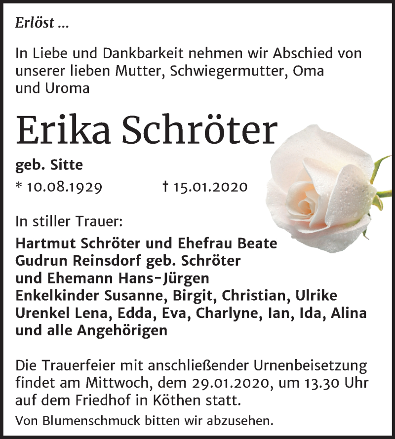  Traueranzeige für Erika Schröter vom 25.01.2020 aus Super Sonntag Köthen