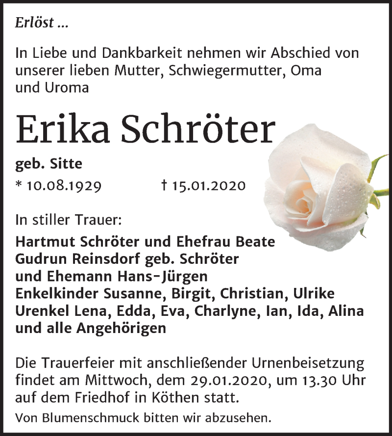  Traueranzeige für Erika Schröter vom 18.01.2020 aus Mitteldeutsche Zeitung Köthen