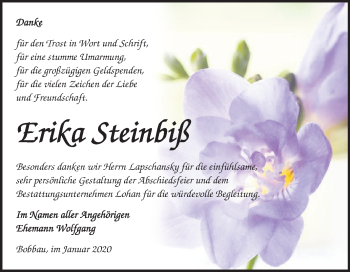 Traueranzeige von Erika Steinbiß von Wochenspiegel Bitterfeld