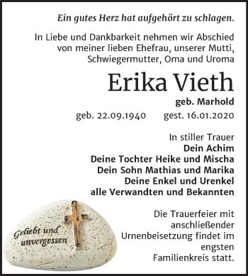 Traueranzeige von Erika Vieth von Mitteldeutsche Zeitung Wittenberg