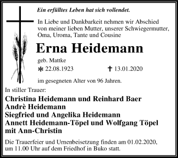 Traueranzeige von Erna Heidemann von Super Sonntag Wittenberg