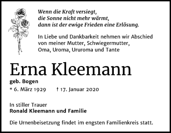 Traueranzeige von Erna Kleemann von Mitteldeutsche Zeitung Zeitz