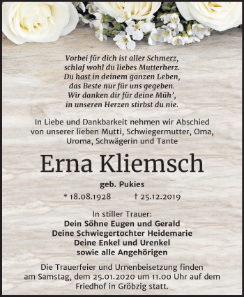 Traueranzeige von Erna Kliemsch von Mitteldeutsche Zeitung Köthen