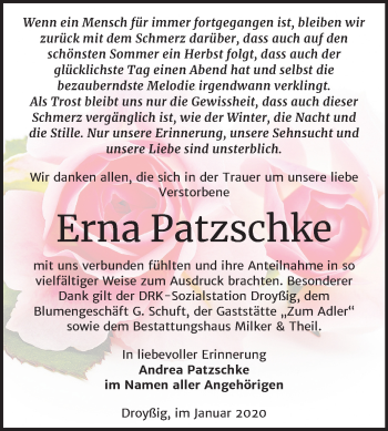 Traueranzeige von Erna Patzschke von Mitteldeutsche Zeitung Zeitz