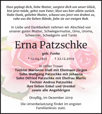 Traueranzeige von Erna Patzschke von Mitteldeutsche Zeitung Zeitz