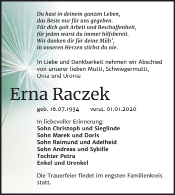 Traueranzeige von Erna Raczek von Wochenspiegel Weißenfels