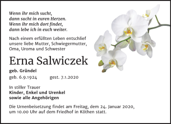 Traueranzeige von Erna Salwiczek von Mitteldeutsche Zeitung Köthen