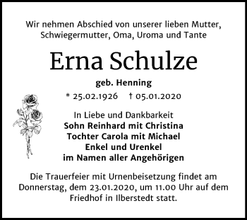 Traueranzeige von Erna Schulze von Super Sonntag Bernburg