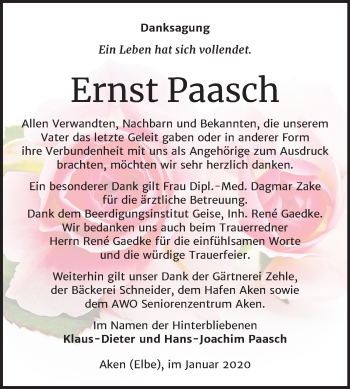 Traueranzeige von Ernst Paasch von Mitteldeutsche Zeitung Köthen
