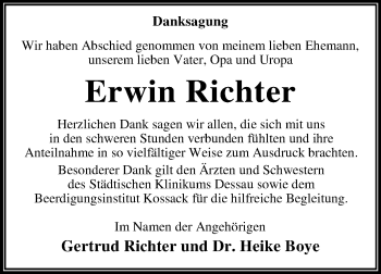 Traueranzeige von Erwin Richter von Super Sonntag Dessau-Roßlau