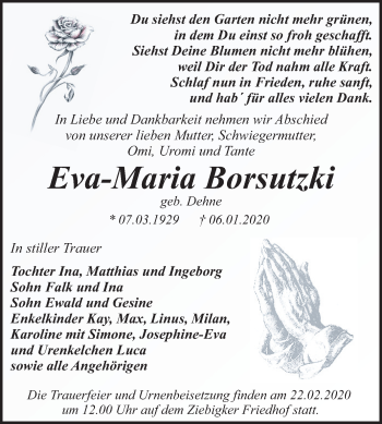 Traueranzeige von Eva-Maria Borsutzki von Super Sonntag Dessau-Roßlau