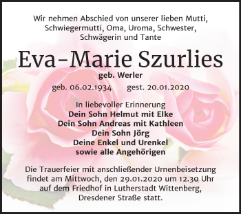 Traueranzeige von Eva-Marie Szurlies von Mitteldeutsche Zeitung Wittenberg