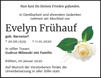 Traueranzeige von Evelyn Frühauf von Mitteldeutsche Zeitung Köthen