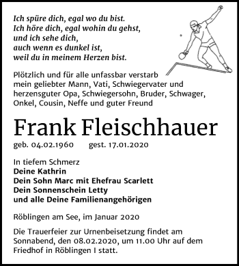 Traueranzeige von Frank Fleischhauer von Wochenspiegel Mansfelder Land