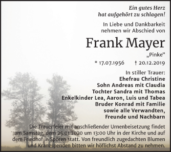Traueranzeige von Frank Mayer von Wochenspiegel Bitterfeld