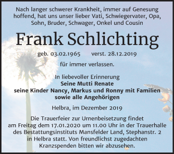 Traueranzeige von Frank Schlichting von Mitteldeutsche Zeitung Mansfelder Land