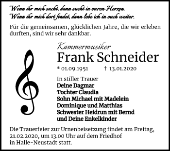 Traueranzeige von Frank Schneider von Mitteldeutsche Zeitung Halle/Saalkreis