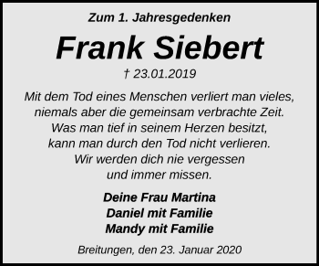 Traueranzeige von Frank Siebert von Mitteldeutsche Zeitung Sangerhausen