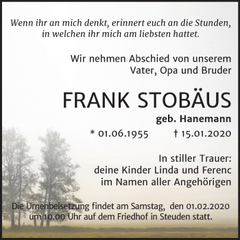 Traueranzeige von Frank Stobäus von Mitteldeutsche Zeitung Halle/Saalkreis