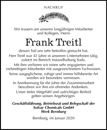 Traueranzeige von Frank Treitl von Super Sonntag Bernburg