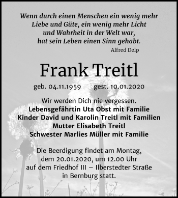 Traueranzeige von Frank Treitl von Mitteldeutsche Zeitung Bernburg